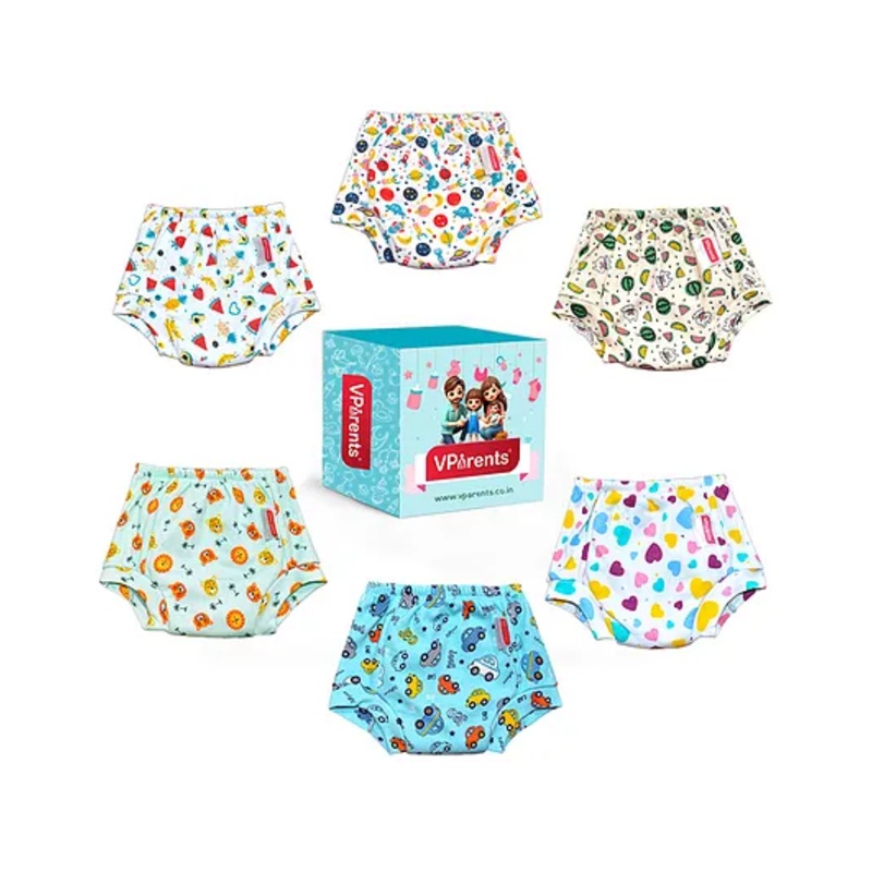 VParents Padded Underwear for Babies and Toddlers with 3 Layers of Cotton Padding Potty Training  Pull Up & Diaper-Free Time Pack of 6 (1 - 2 YEARS )(  Print may vary)