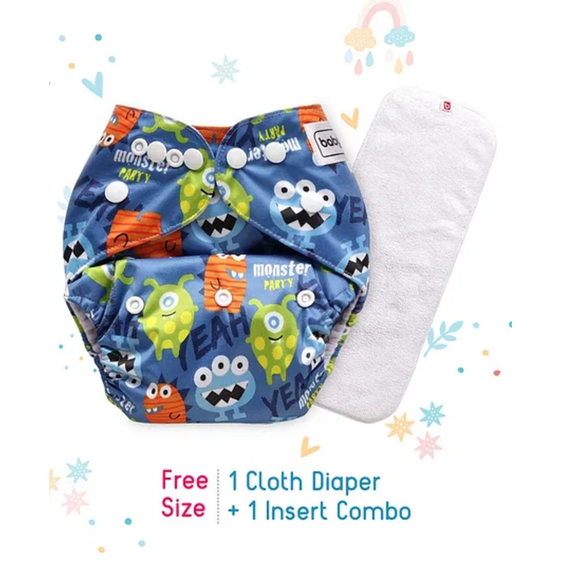 Babyhug Free Size Reusable Cloth Diaper With Insert Monster Print - Blue (Packaging May Vary)
