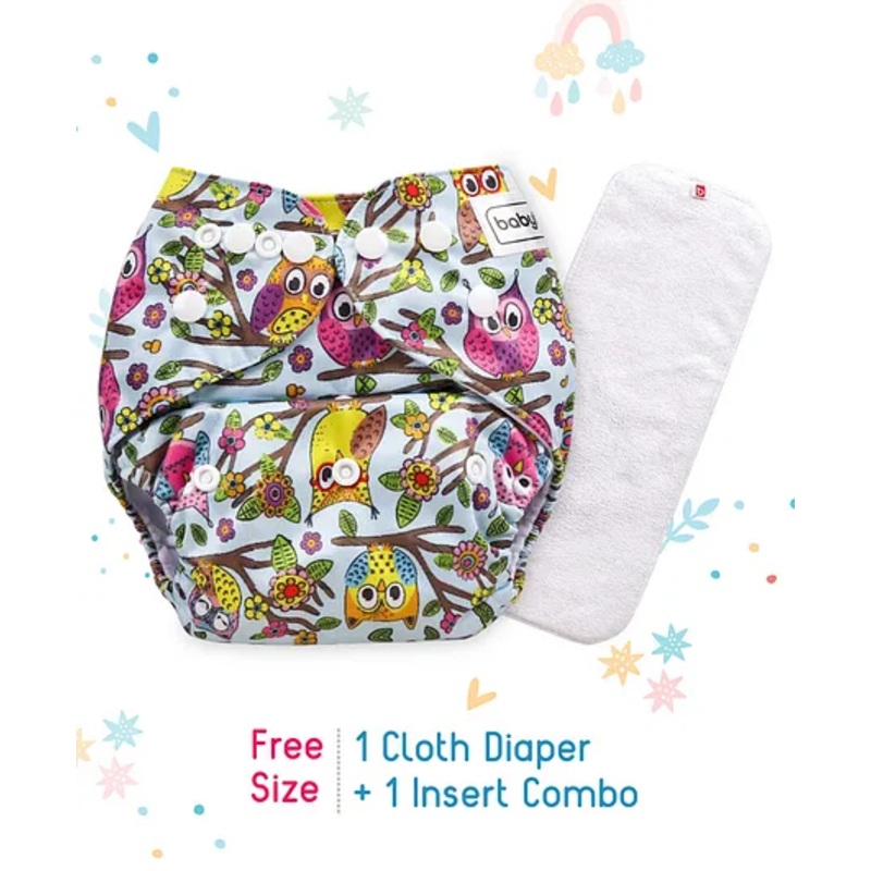 Babyhug Free Size Reusable Cloth Diaper With Insert Owl Print - Blue