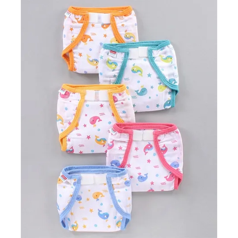 Babyhug Muslin Cotton Reusable Velcro Printed Cloth Nappies Large Set of 5 - Multicolor