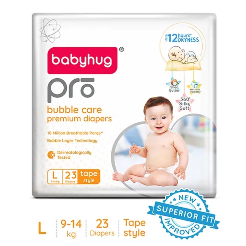 Babyhug Pro Bubble Care Premium Tape Style Diaper Large - 23 Pieces - New & Improved Superior Fit