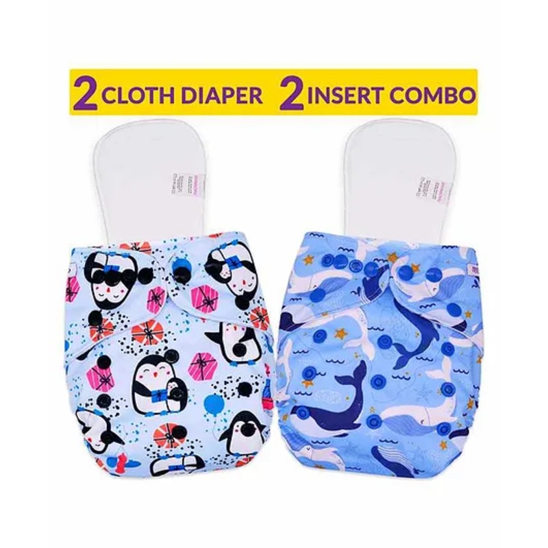 Bembika Cloth Diapers with Inserts Penguin Print Set of 2 - Blue