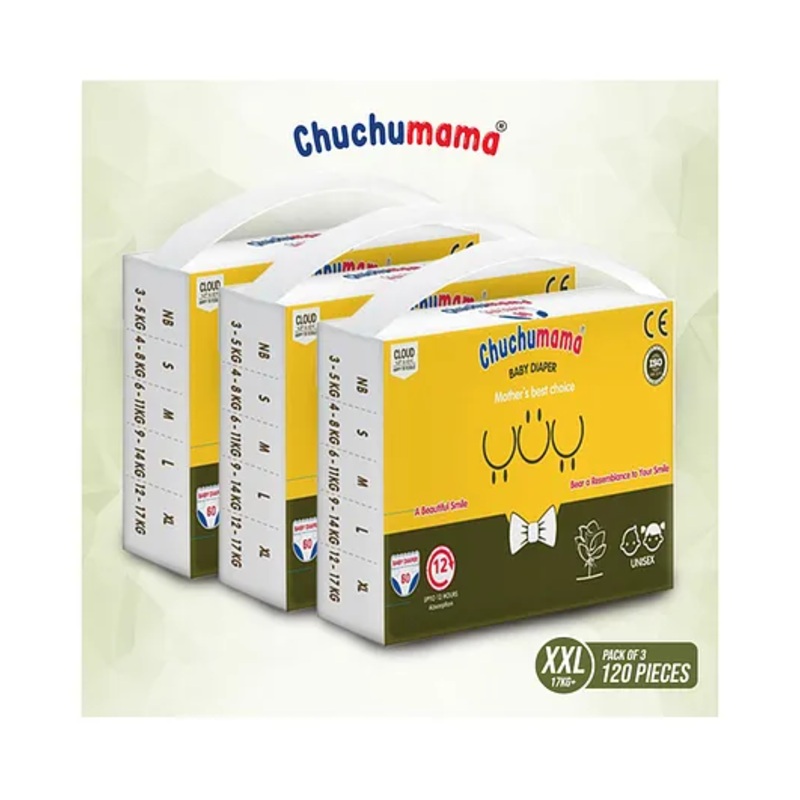 Chuchumama Taped Style Baby Diaper, Extreme Extra Large (XXL) Size Baby Diaper Pants, 17 - 23 kg, Combo Pack of 3, 40 count Per Pack, 120 count, 12 hrs Absorption and Cottony Soft Material