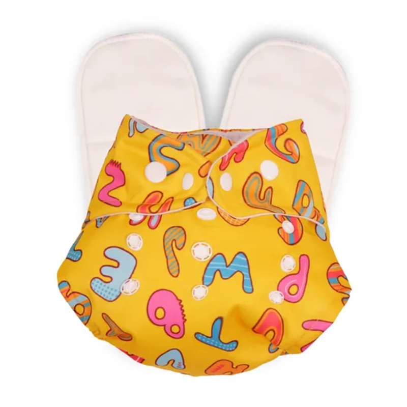 Deedry Cloth Diapers Reusable, Adjustable with Snap Buttons & comes with 2 Insert - Grey-Yellow