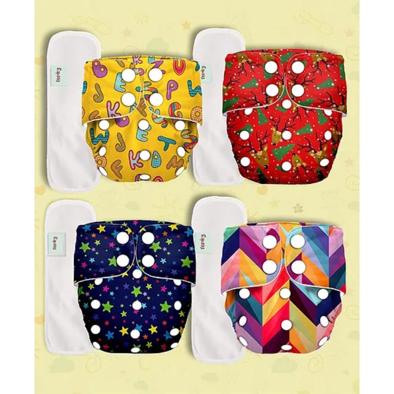 Deedry Cloth Diapers Reusable, Adjustable with Snap Buttons & comes with Insert - Pack of 4