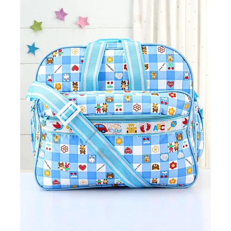 Diaper Bag Multipurpose Happy Day Square Print With PVC Material- Blue