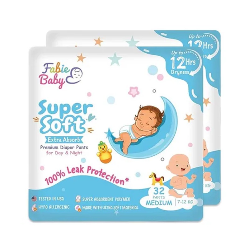 Fabie Baby Diapers Medium Size (32Pcs)Hours Absorption Anti Rash diapers - Pack of 2