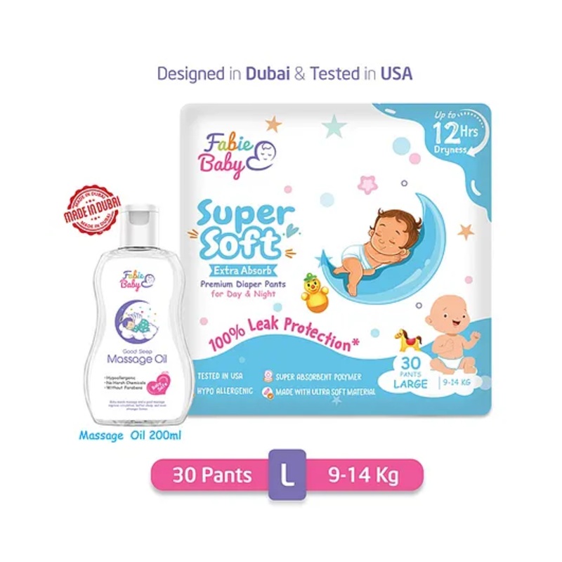 Fabie Baby Premium 12 Hrs Protection Diaper Pants Large (30Pcs) & Massage Oil (200ml) Combo - Pack of 2