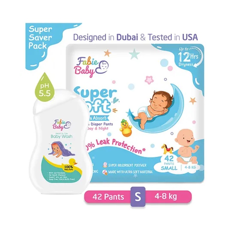 Fabie Baby Small Pant Style Diaper Small Size (42Pcs) with Baby Wash (200ml) Combo - Pack of 2