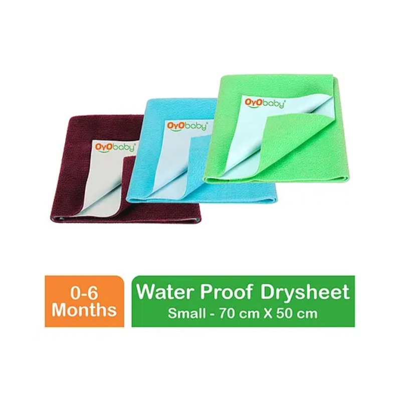 OYO BABY Anti-Piling Fleece Extra Absorbent Instant Dry Sheet, Baby Bed Protector, Waterproof Sheet, Small (70cm x 50cm), Pack of 3 - Sea Blue + Maroon + Light Green