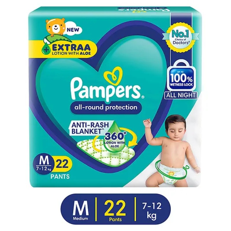 Pampers All round Protection Pants, Medium size baby diapers (MD) 22 Count, 7-12kg, Anti-rash blanket, 360 degree Lotion with Aloe Vera