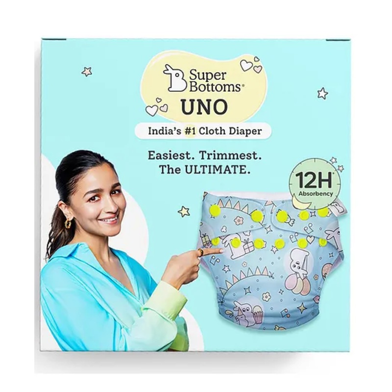 SuperBottoms Freesize UNO Cloth Diaper (3M - 3Y) Reusable with 1 Dry Feel Pad & 1 Booster Pad, Absorbs 4-5 Pees - Hunny Bummy