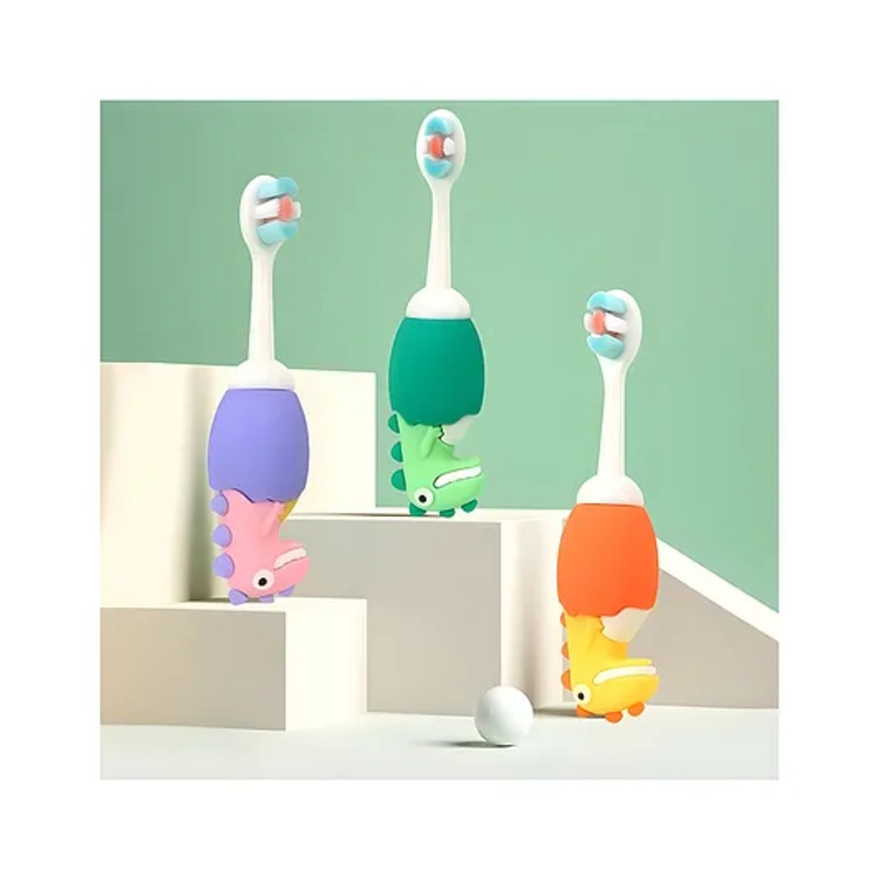 YAMAMA Cute Dino Design Soft Toothbrush For Babies And Kids Extra Microfiber Soft Bristles With Silicone Grip  - (Pack of 3  Color And Design May Vary)