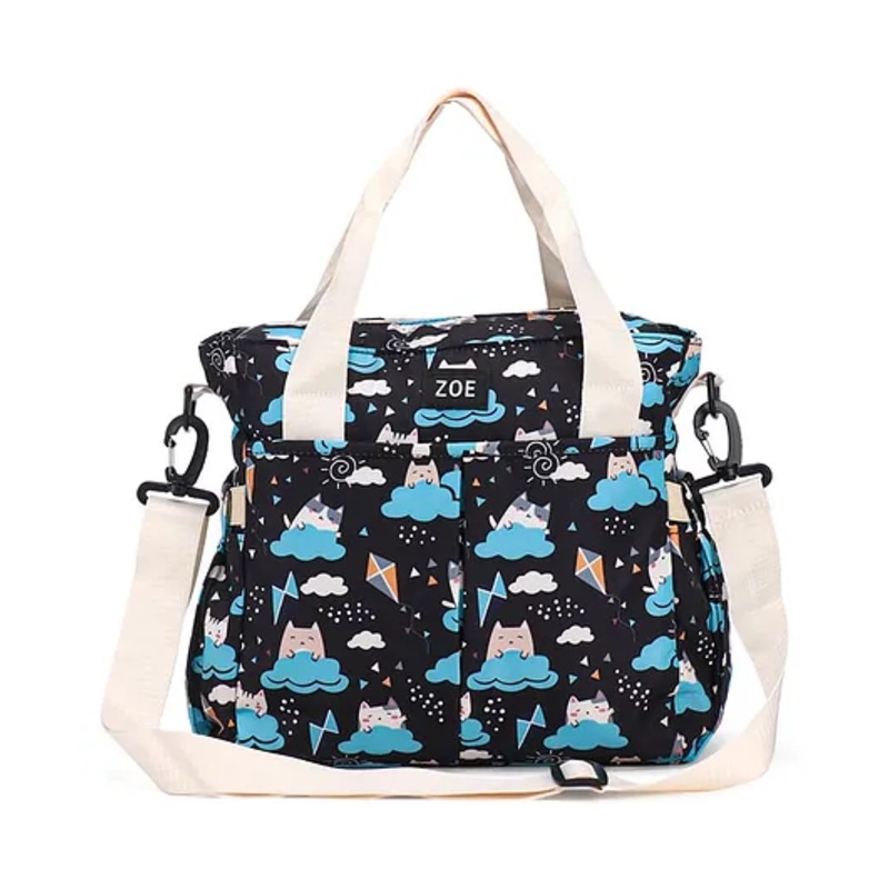Zoe Multipurpose Cat on the Clouds Print Diaper Bag - Black