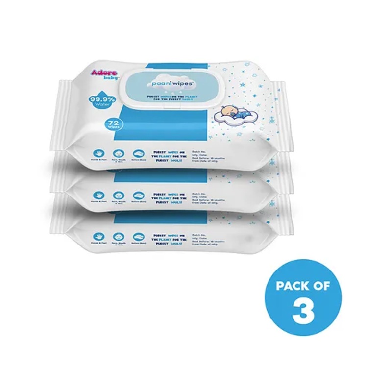 Adore Baby Paani Wipes 99.9 Percent Pure Water Wipes FDA Approved Dermatologically Tested Goodness of Aloe vera -  Pack of 3 - 72 Pieces Each