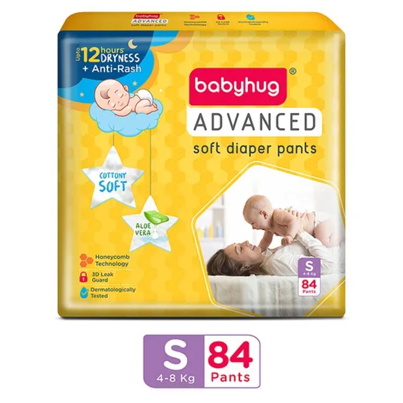 Babyhug Advanced Pant Style Diapers Small (S) Size - 84 Pieces, Honeycomb Technology, Cottony Soft Diaper with 3D Leak Guard, Latex & Alcohol Free, Anti-rash & Gentle