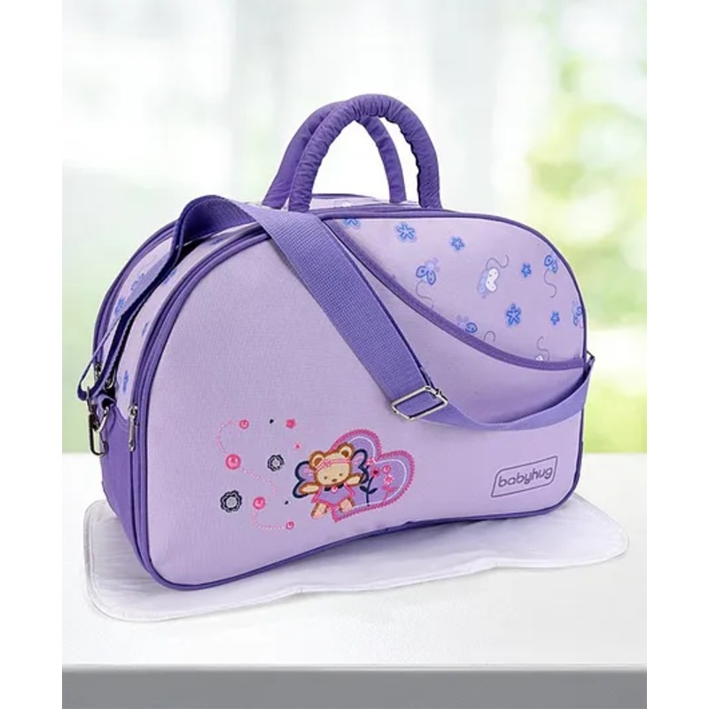 Babyhug Diaper Bag With Changing Mat Floral & Bear Print - Purple