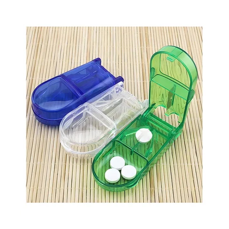 COZY VIBES transparent Medicine Pill Case Tablet Cutter Splitter Divide Safe Storage Compartment Box, Cuts Pills, Vitamins, Tablets, Stainless Steel Blade, Travel Sized - PACK OF 1  - COLOR MAY VARY