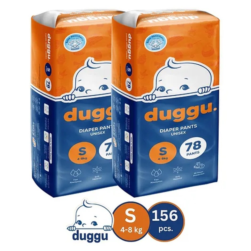 Duggu Baby Diaper Pants | Feather-Like Cotton Feel | Up to 10-Hour Absorption | Soft Elastic Waistband | Highly Absorbent | Small | 4-8 KG | Pack of 2 - 156 Diapers