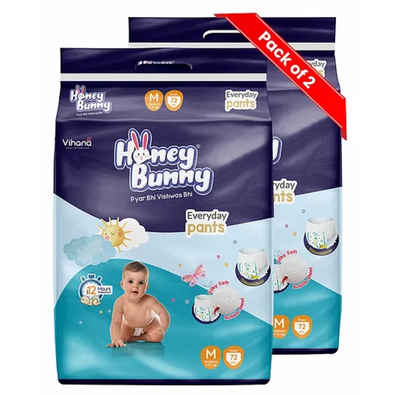 Honey Bunny Everyday Baby Pants Diapers with Wetness Indicator, Silky Soft - Bubble sheet, Medium -72 (7-12 kgs) (Pack of 2)  144pcs