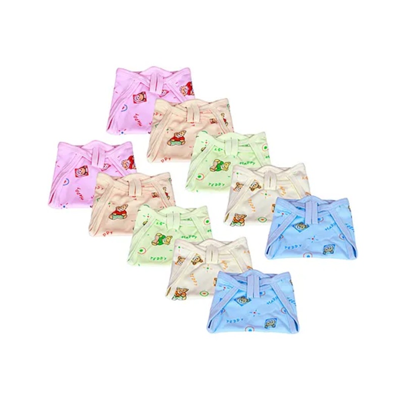 Little Boo Cloth Nappy Reusable washable Diapers String Tie Up Newborn Teddy Print - Set Of 10 Multicolor