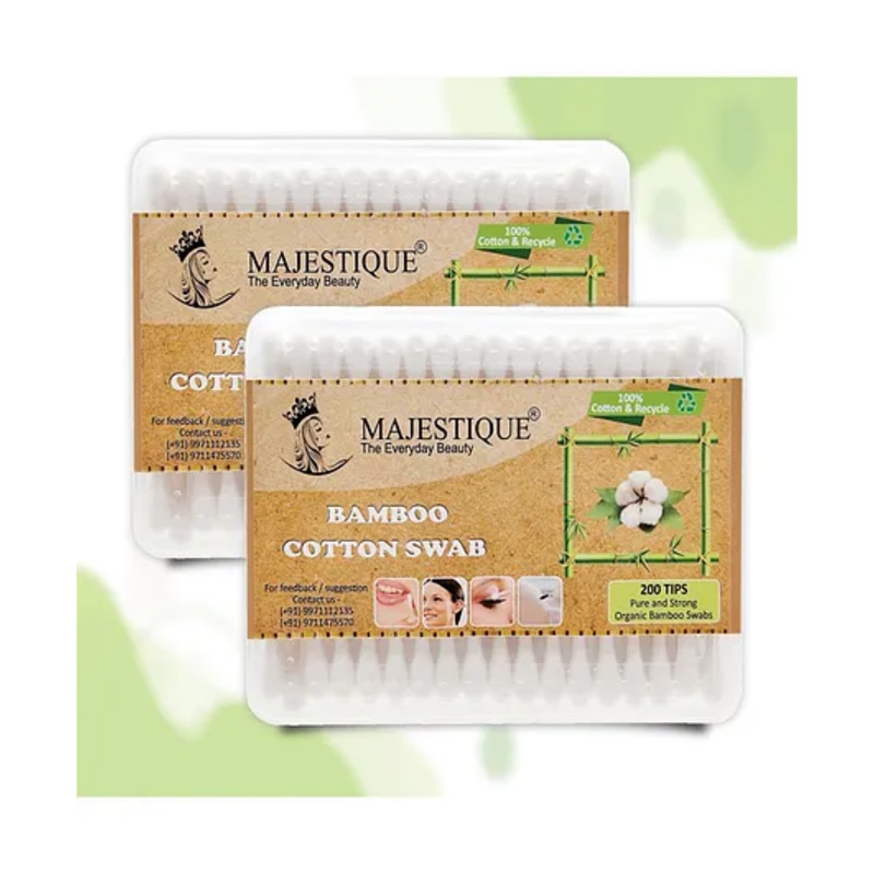 Majestique Bamboo Cotton Swabs Natural Wooden Cotton Swabs Ear Cleaning Buds Recyclable Cotton - 100 Swab - Pack of 2