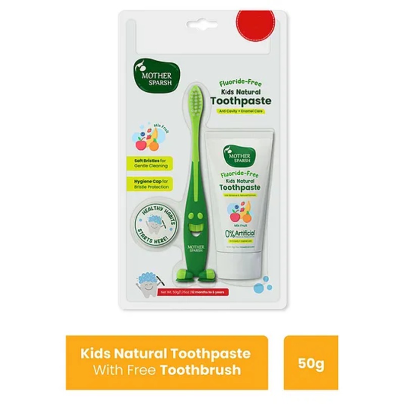 Mother Sparsh Toothpaste for Kids, Mix Fruit (With Free Toothbrush) | Strengthens Gums, Whitens Teeth | Preservative & Fluoride Free Baby Toothpaste | Anti Cavity + Enamel Care - 50 g