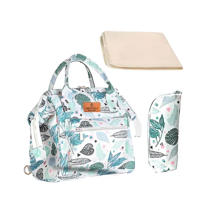 Motherly Nano Diaper Bag Small Diaper Bag for Mothers for Travel Combo Set with Accessories Baby Bag for Mother Travel Diaper Bag for Baby Baby Bag for Mother and Baby (Green Leaf)