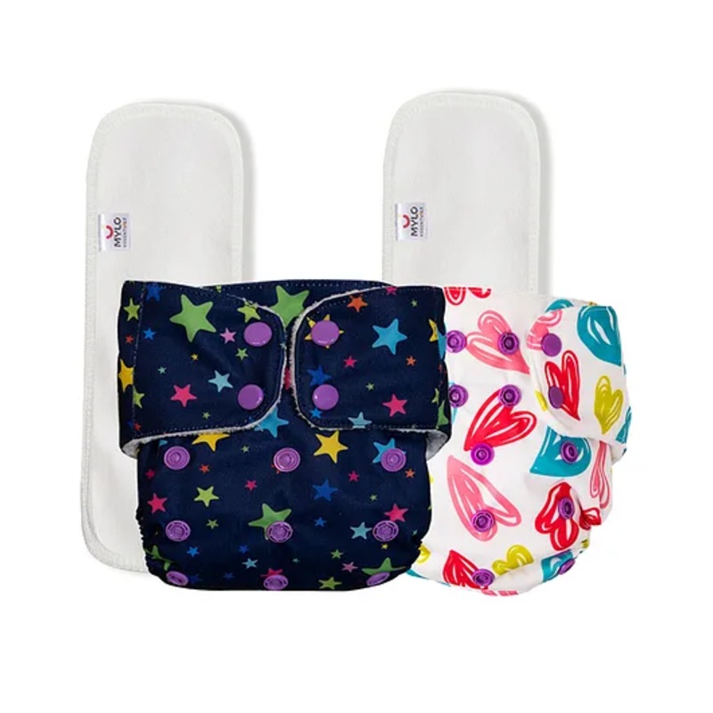 Mylo Baby Freesize Adjustable Cloth Diapers with 2 Free Insert Oeko Tex Certified Pack of 2 - Twinkle Twinkle Heart Doodles Multicolour