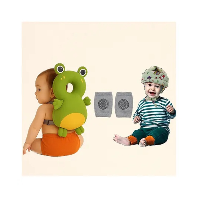 NeonateCare safety combo of Baby Helmet Head Protector and knee pads (Green jungle helmet Green frog head protector and multicolor knee pads) - Multi