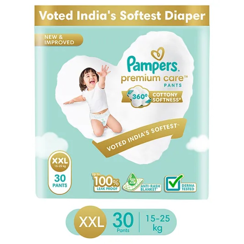 Pampers Premium Care Pants, Double Extra Large size baby diapers (XXL), 30 Count, Softest ever Pampers pants