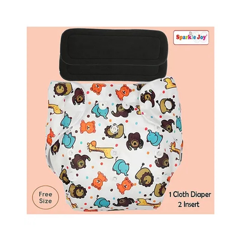 Sparkle Joy Free Size Reusable Cloth Nappies With 2 Smart Dry Inserts - White