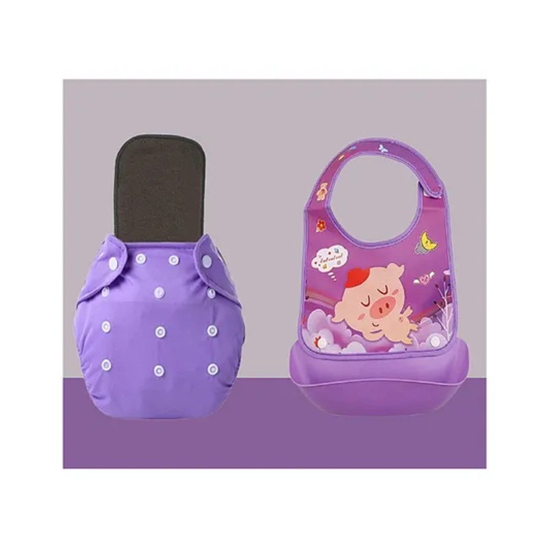 The Cheeky Kidzz Baby 1 Reusable Pocket Style Cotton Cloth Diaper With 1 Microfiber Insert Pad And 1 Silicone Bib (0-24 Months) (Purple & Black)