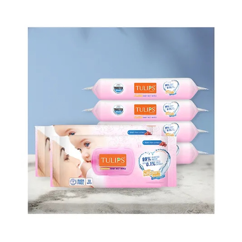 Tulips Sensitive Baby Wet Wipes With Lid Pack of 6 - 72 Pieces each
