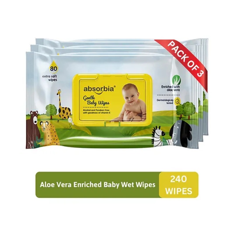 ABSORBIA Baby Wipes - With LID | Aloe Vera Extract | 240 Pieces | Pack of 3