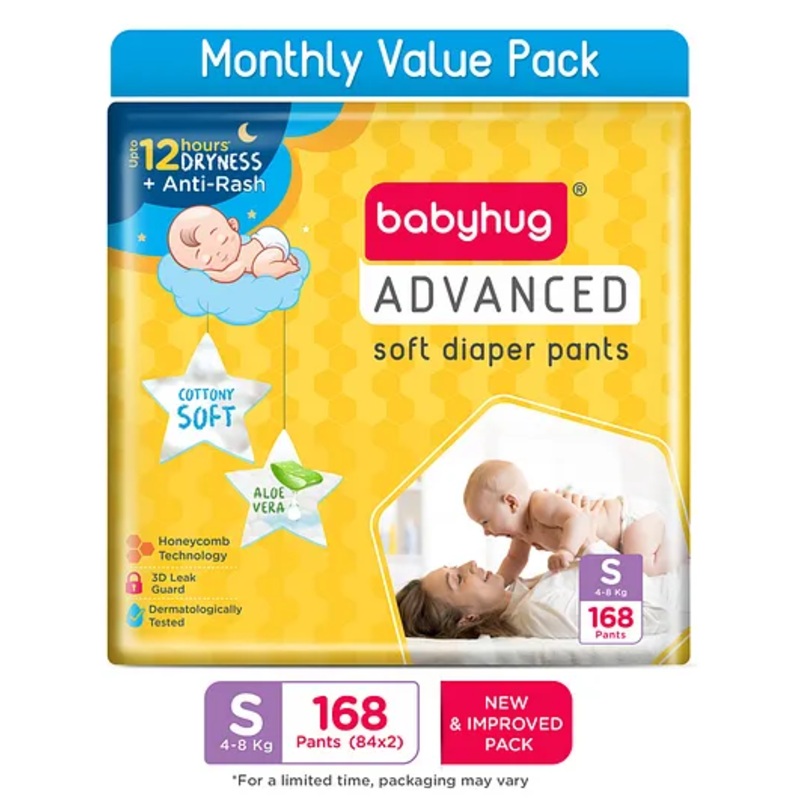 Babyhug Advanced Pant Style Diaper Monthly Box Pack Small (S) Size - 168 Pieces, Honeycomb Technology, Cottony Soft Diaper with 3D Leak Guard, Latex & Alcohol Free, Anti-rash & Gentle