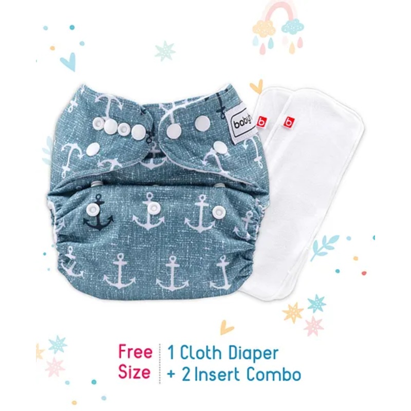 Babyhug Free Size Reusable Cloth Nappies With 2 SmartDry Inserts Anchor Print- Blue
