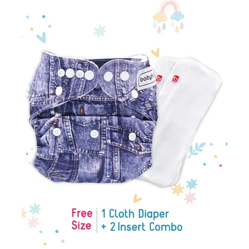 Babyhug Free Size Reusable Cloth Nappies With 2 SmartDry Inserts Denim Print - Blue