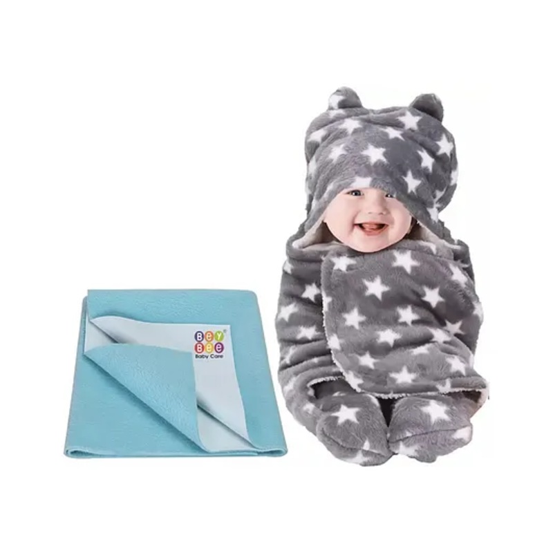 Bey Bee Wearable Hooded Full Body Cover Baby Sleeping Bag and Dry Sheet Star Print Small - Grey Blue