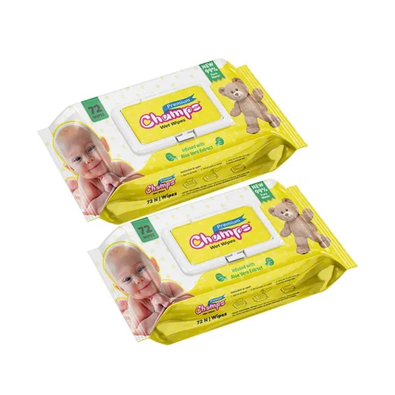 Champs Premium Wet Wipes 72 n with lid  pack of 2 - 72 Pieces Each
