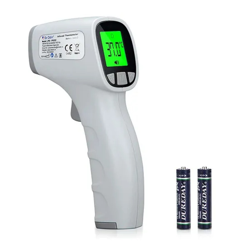 Dr. Odin OIR002 Non-Contact Thermometer - Instant, Accurate Forehead & Room Temp Readings, Hygienic Digital Display, Perfect for Families, Includes Batteries - White