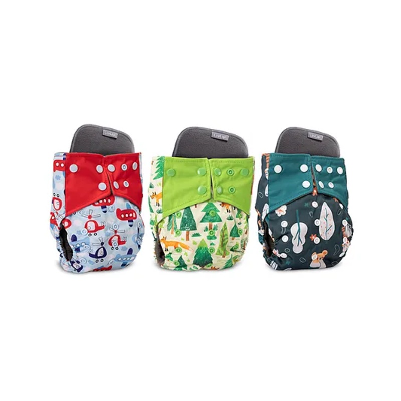 LuvLap Reusable Baby Cloth Diapers Combo Pack of 3, Includes White & Green, Green Bunny, Blue Ships Prints, Double Leak Guard, High Absorption, Stain-Proof Comfort, For 3+ Months