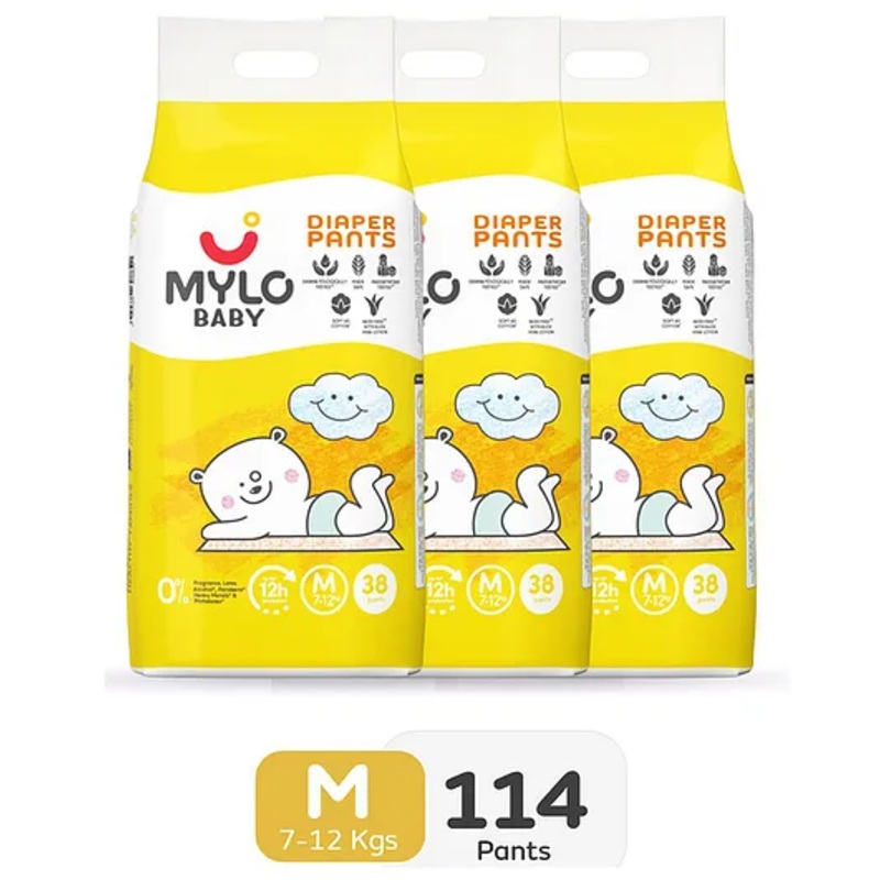 Mylo Baby Diaper Pants Medium (M) Size with ADL Technology 12 Hours Protection Pack of 3 - 114 Pieces