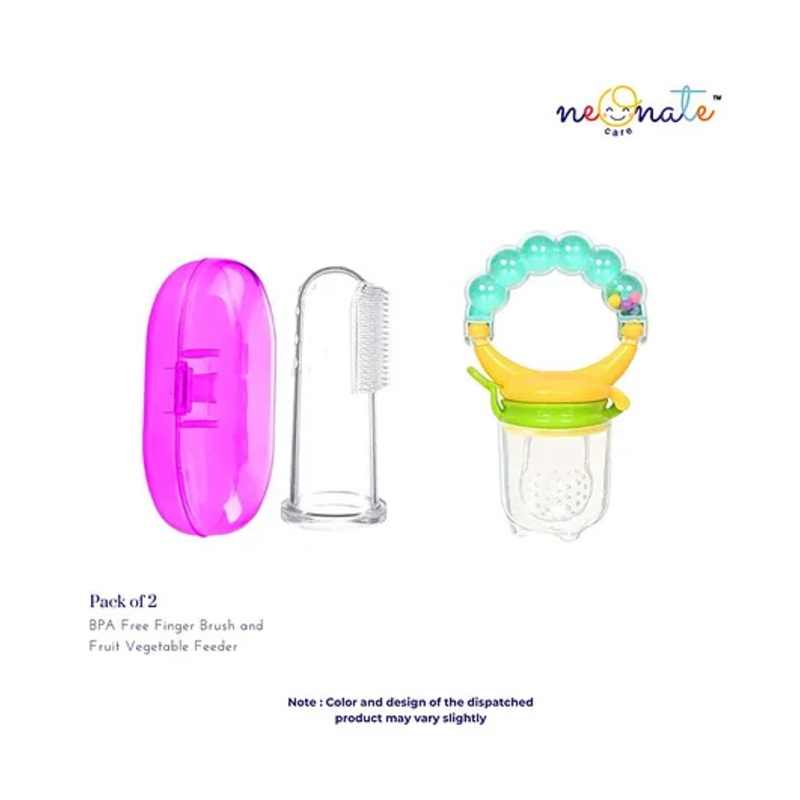 NeonateCare Baby Soft Bristles Finger Toothbrush With Silicone Baby Fruit Feeder (Pink Finger Brush, Green Ring Nibbler)