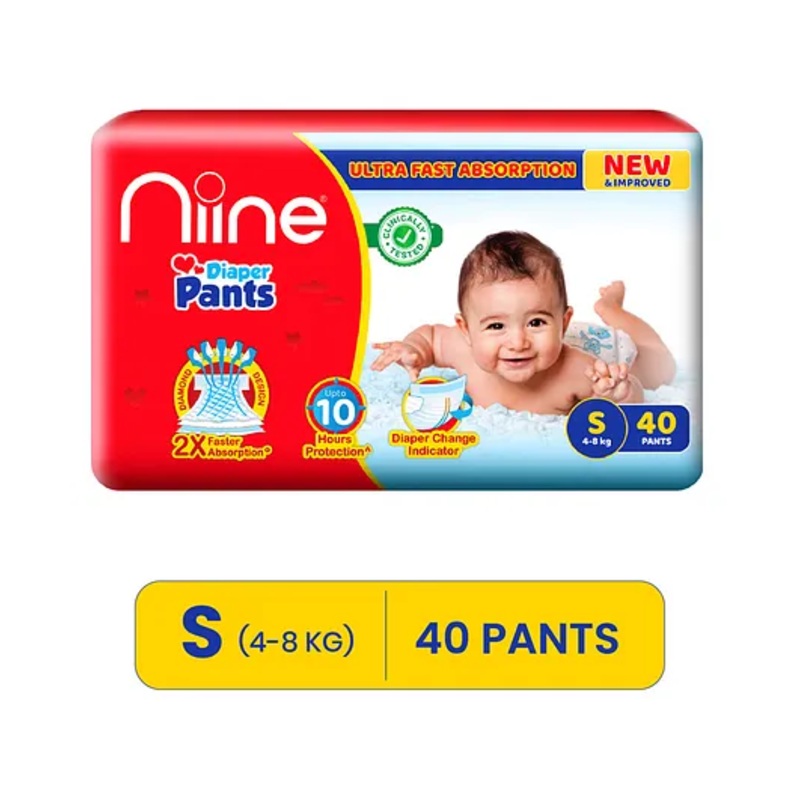 Niine Baby Diaper Pants Small(S) Size (4-8 KG) 40 Pants for Overnight Protection with Rash Control