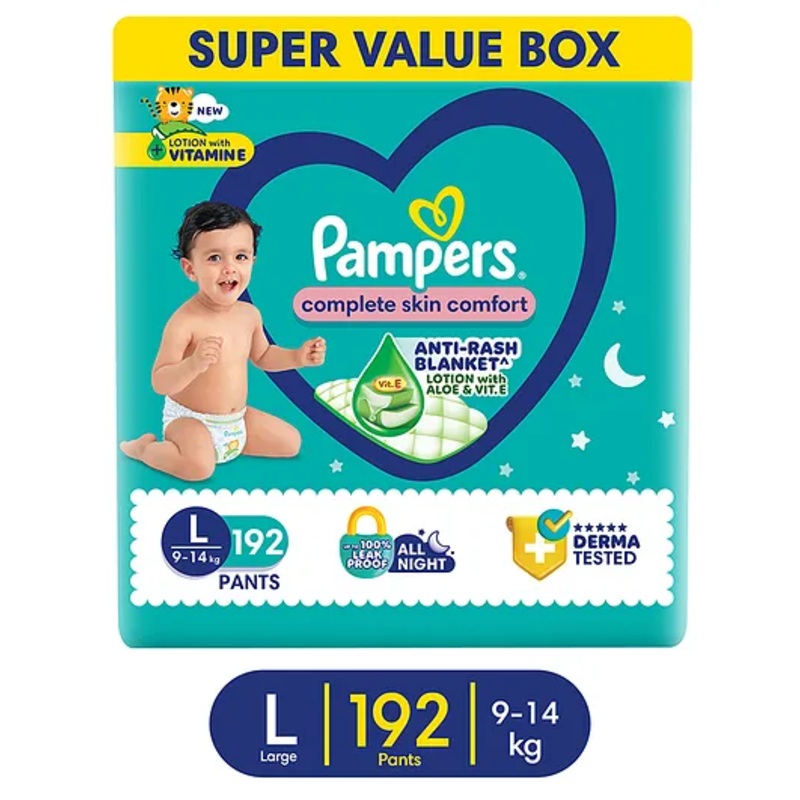 Pampers Complete Skin Comfort Pants, Anti-rash blanket, Lotion with Vitamin E & Aloe Vera,  Large size baby Diapers, (L) 192 Count, 9-14 kg