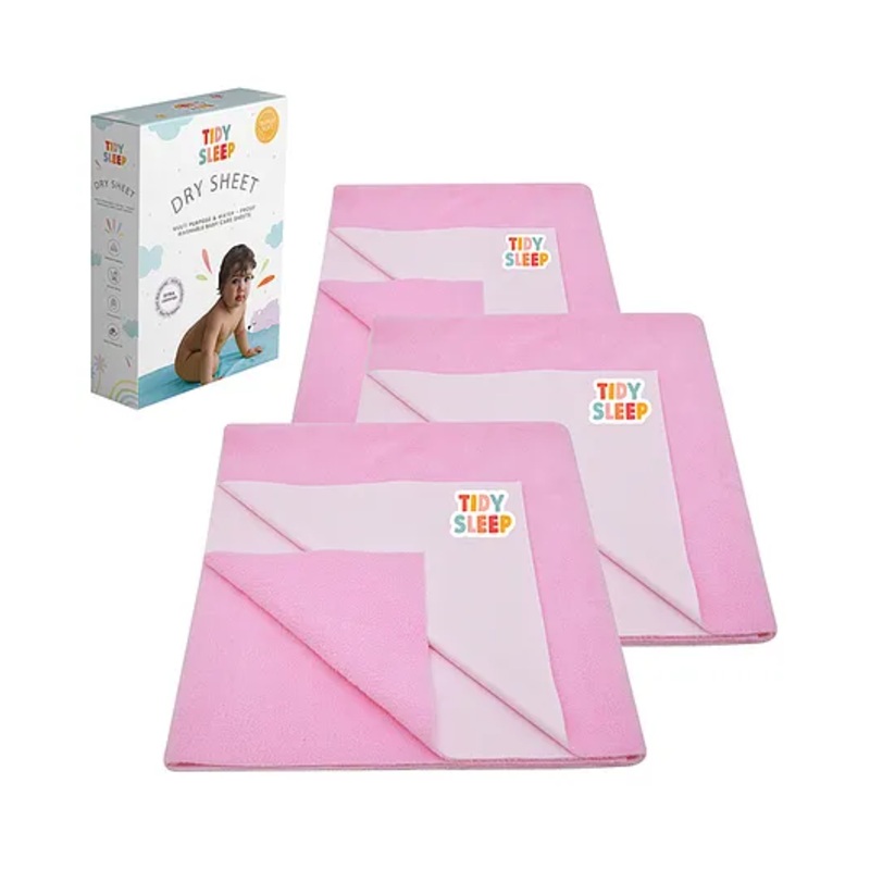 TIDY SLEEP Waterproof Baby Bed Protector Dry Sheet For New Born Babies- Baby Pink  Pack of 3 (Small)