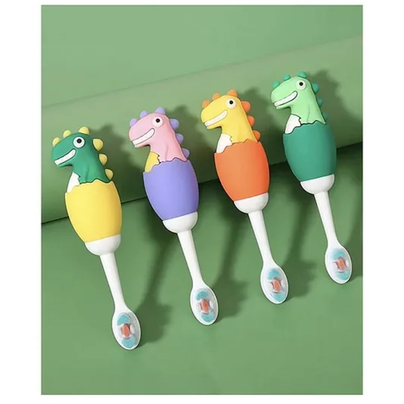 ARCADE TOYS Cute Dino Design Soft Toothbrush For Babies And Kids Extra Microfiber Soft Bristles With Silicone Grip - (Pack of 3) Color And Design May Vary)