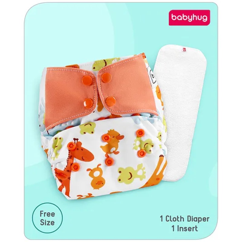 Babyhug Free Size Reusable Contrast Flap Closure Cloth Nappies With Insert Animal Print - White Orange