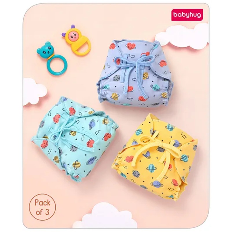Babyhug Leak-Proof Cloth Langot Pack of 3 Small Solar Print - Multicolour | Triple Layer Protection | Reusable | Designed for Short Term Comfy Wear | Mess Free